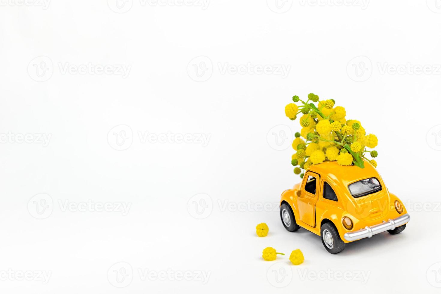 Car toy model delivering bouquet of mimosa flowers photo