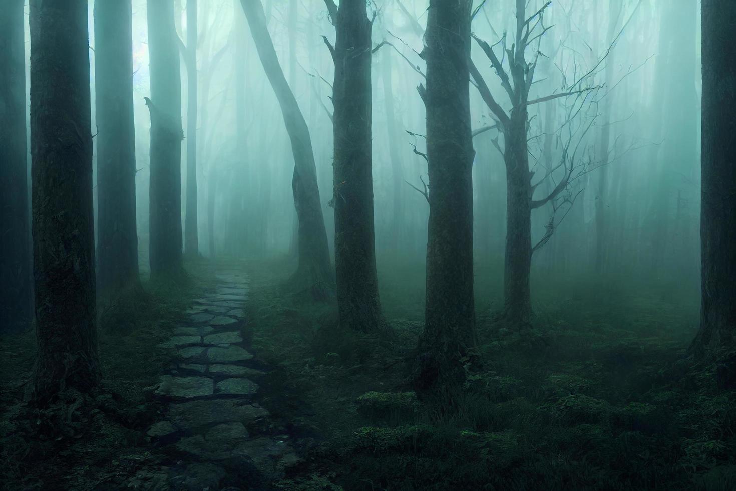 paisaje de bosque de niebla embrujado con fondo oscuro de camino, concepto espeluznante y aterrador, representación 3d foto