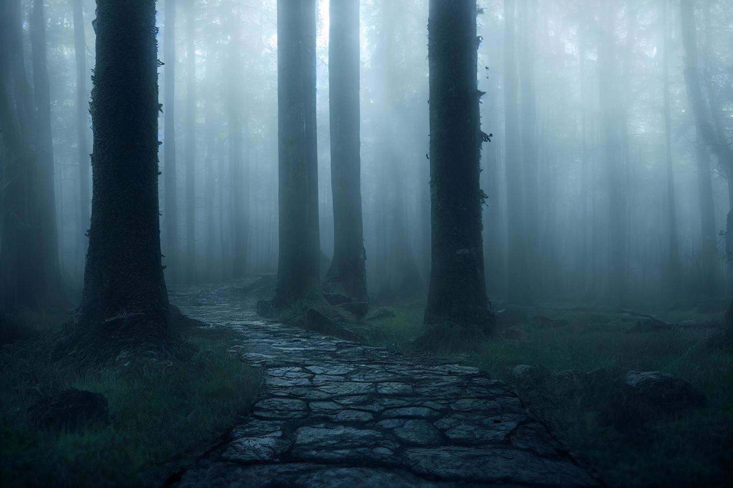 paisaje de bosque de niebla embrujado con fondo oscuro de camino, concepto espeluznante y aterrador, representación 3d foto