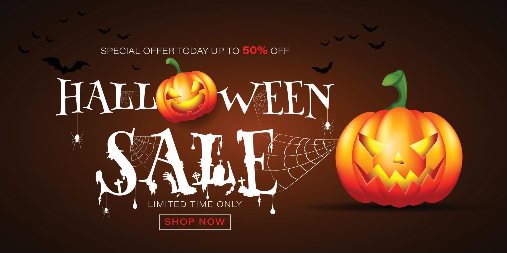 Halloween 50 off. Sale Promotion Poster or banner with Halloween Pumpkin. Vector illustration eps 10