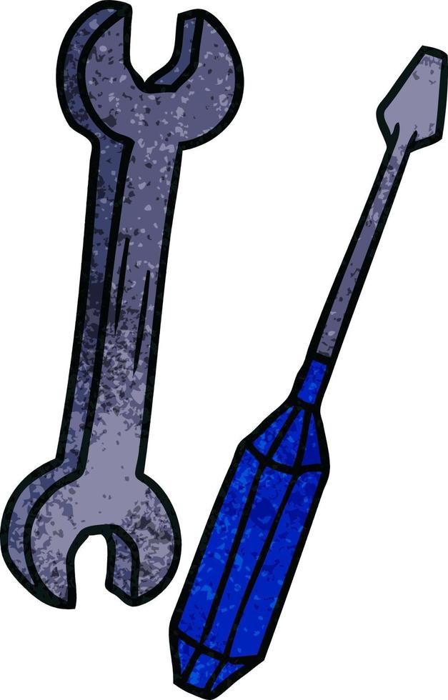 textured cartoon doodle of a spanner and a screwdriver vector