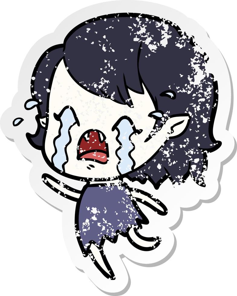 distressed sticker of a cartoon crying vampire girl vector