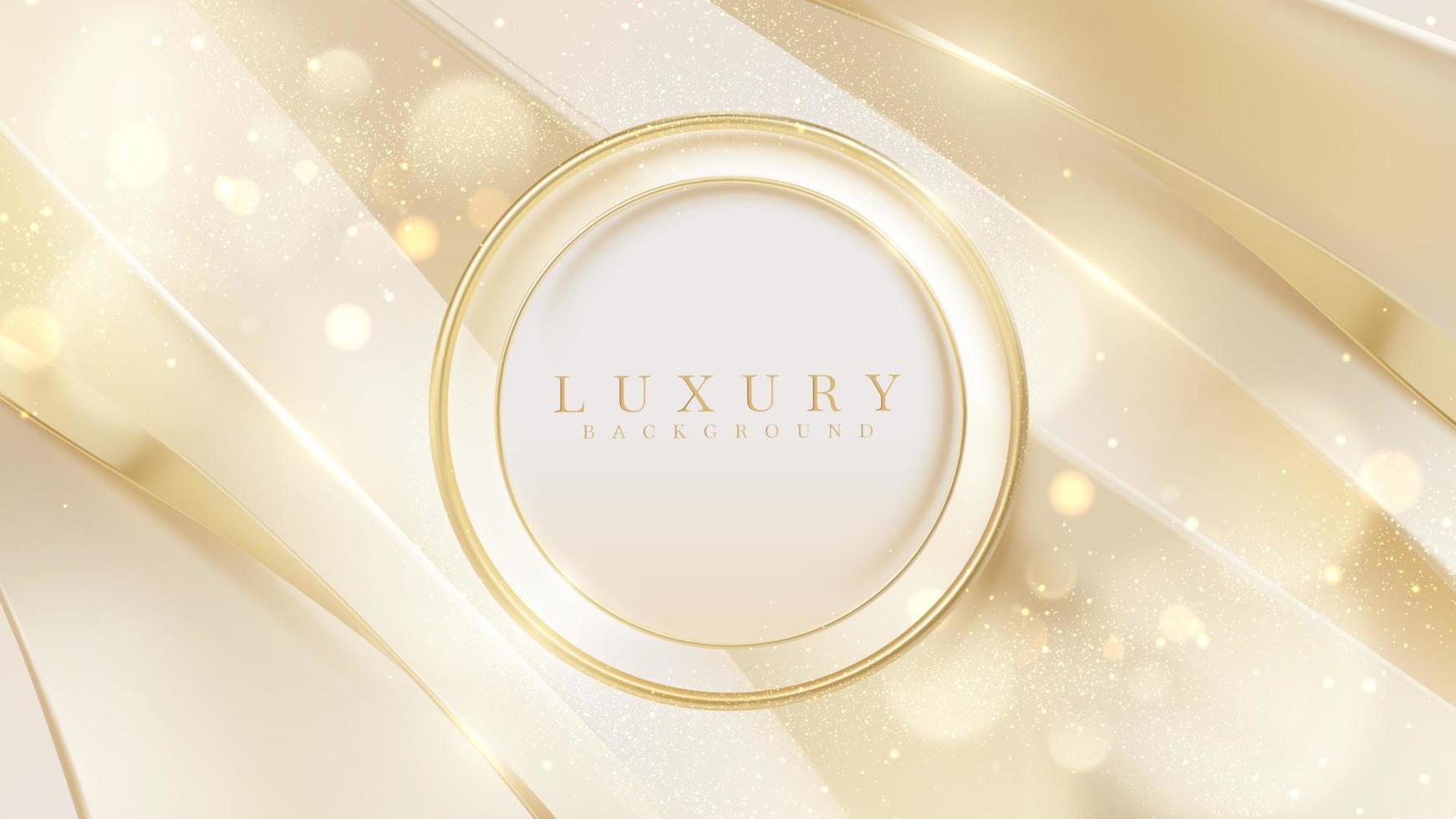 Luxury background with golden circle frame elements and ribbons with bokeh decorations and sparkling lights. Vector illustration.