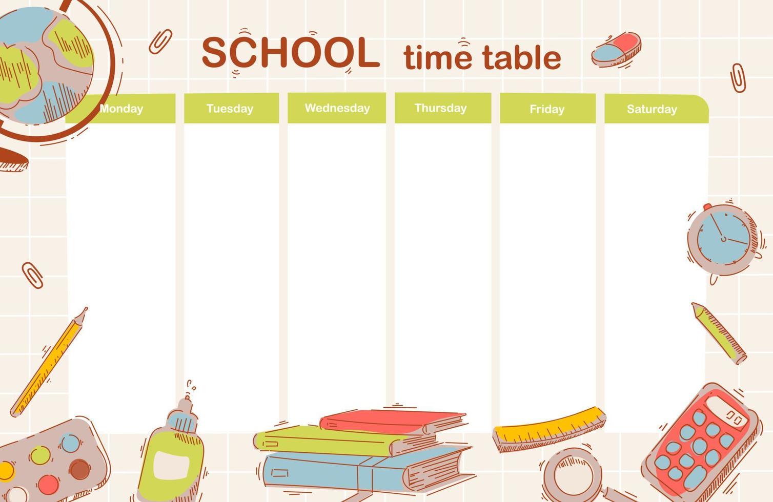 School class time table. School supplies. Stacks of books, pens, pencils for office and school. Back to school. Hand drawing. Flat vector illustration