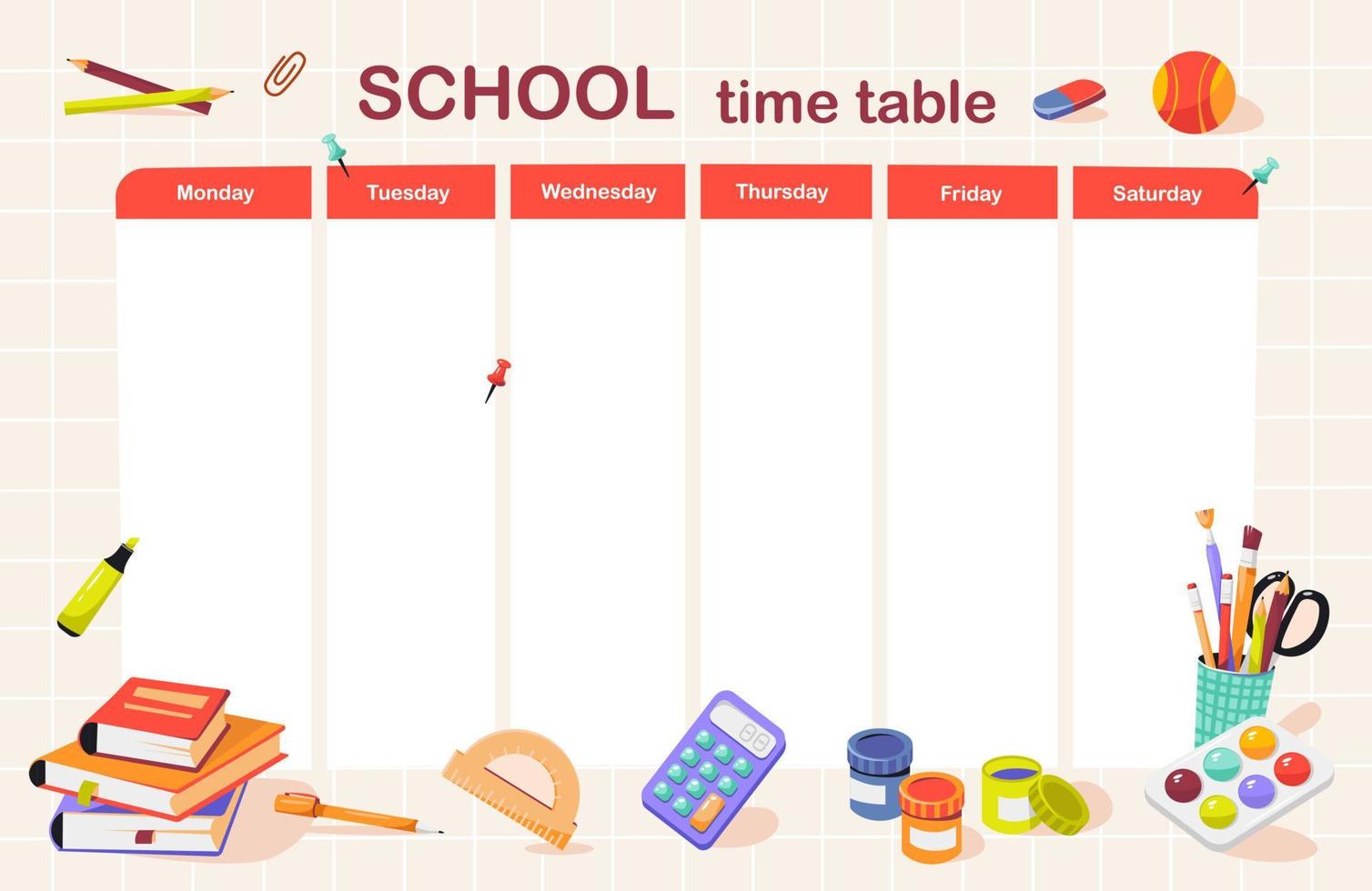 School class time table. School supplies. Stacks of books, pens, pencils for office and school. Back to school. Hand drawing. Flat vector illustration