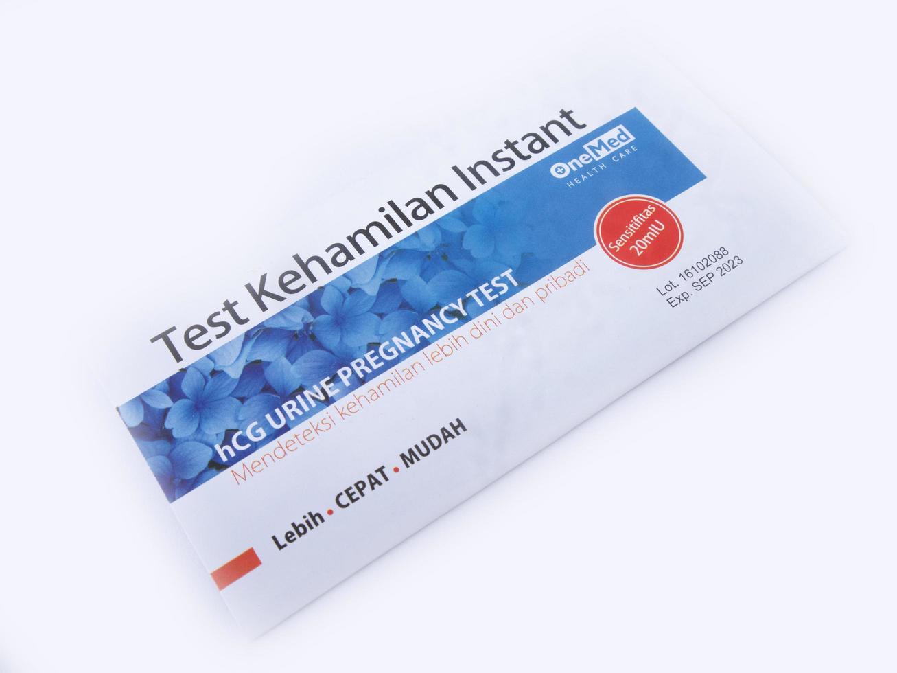 Sidoarjo, Jawa timur, Indonesia, 2022 -  a onemed brand pregnancy test kit on a white background photo