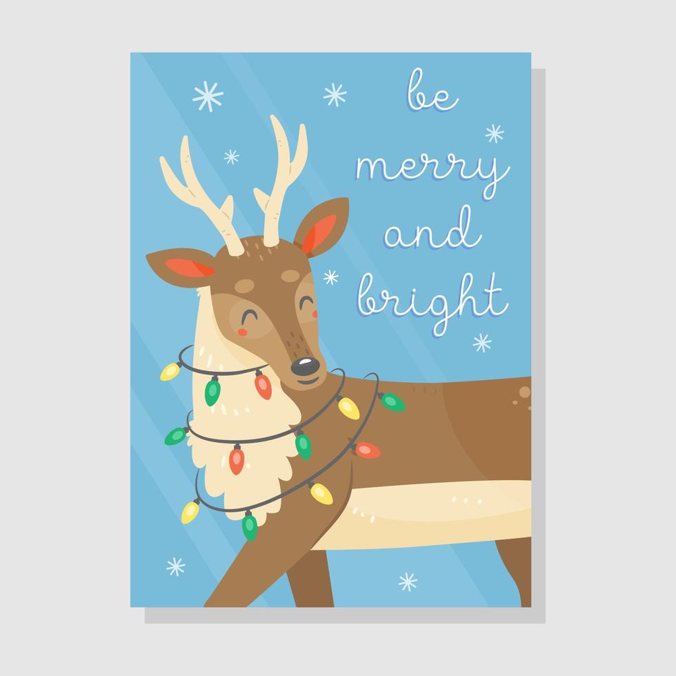 linda tarjeta de navidad con un ciervo con una guirnalda y el texto sea alegre y brillante en estilo de dibujos animados. ilustración vectorial de vacaciones. vector