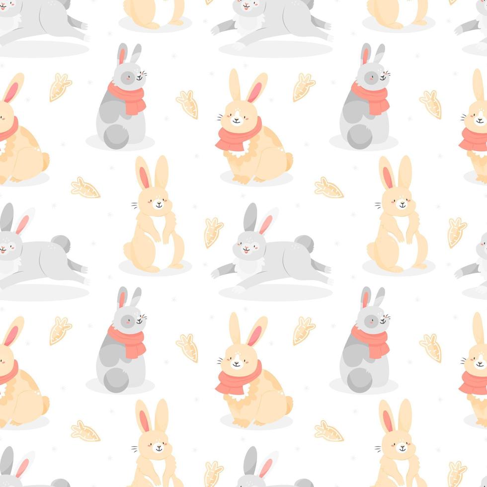 Seamless pattern with cute cartoon-style Christmas rabbits with carrot gingerbread cookies and snowflakes on white background. Vector illustration background.