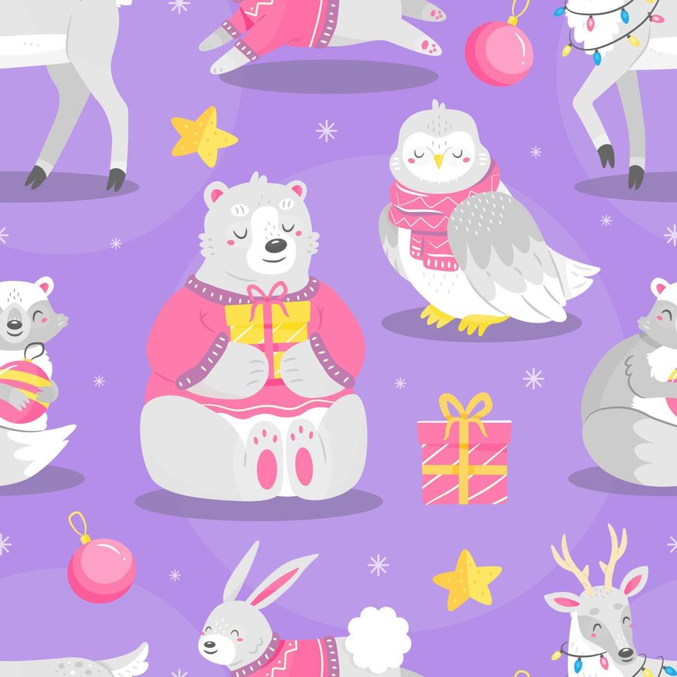 Seamless pattern with cute cartoon-style Christmas animals with gifts and christmas tree toys. Deer, bear, raccoon, owl, rabbit. Vector illustration background.