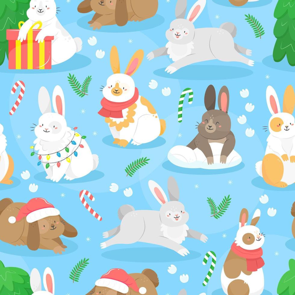 Seamless pattern with cute cartoon-style Christmas rabbits with lolipops and fir twigs on blue background. Vector illustration background.