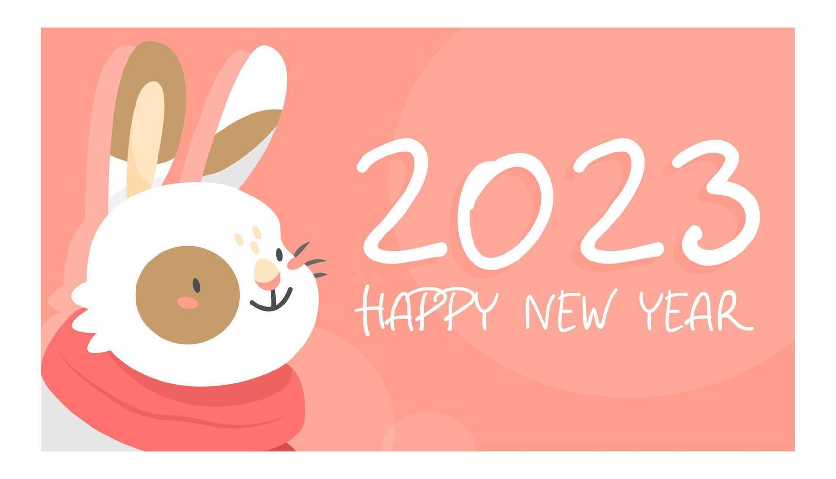 feliz año nuevo 2023 ilustración vectorial con lindo conejo con bufanda en estilo de dibujos animados. año del conejo. plantilla de tarjeta ilustración vectorial vector