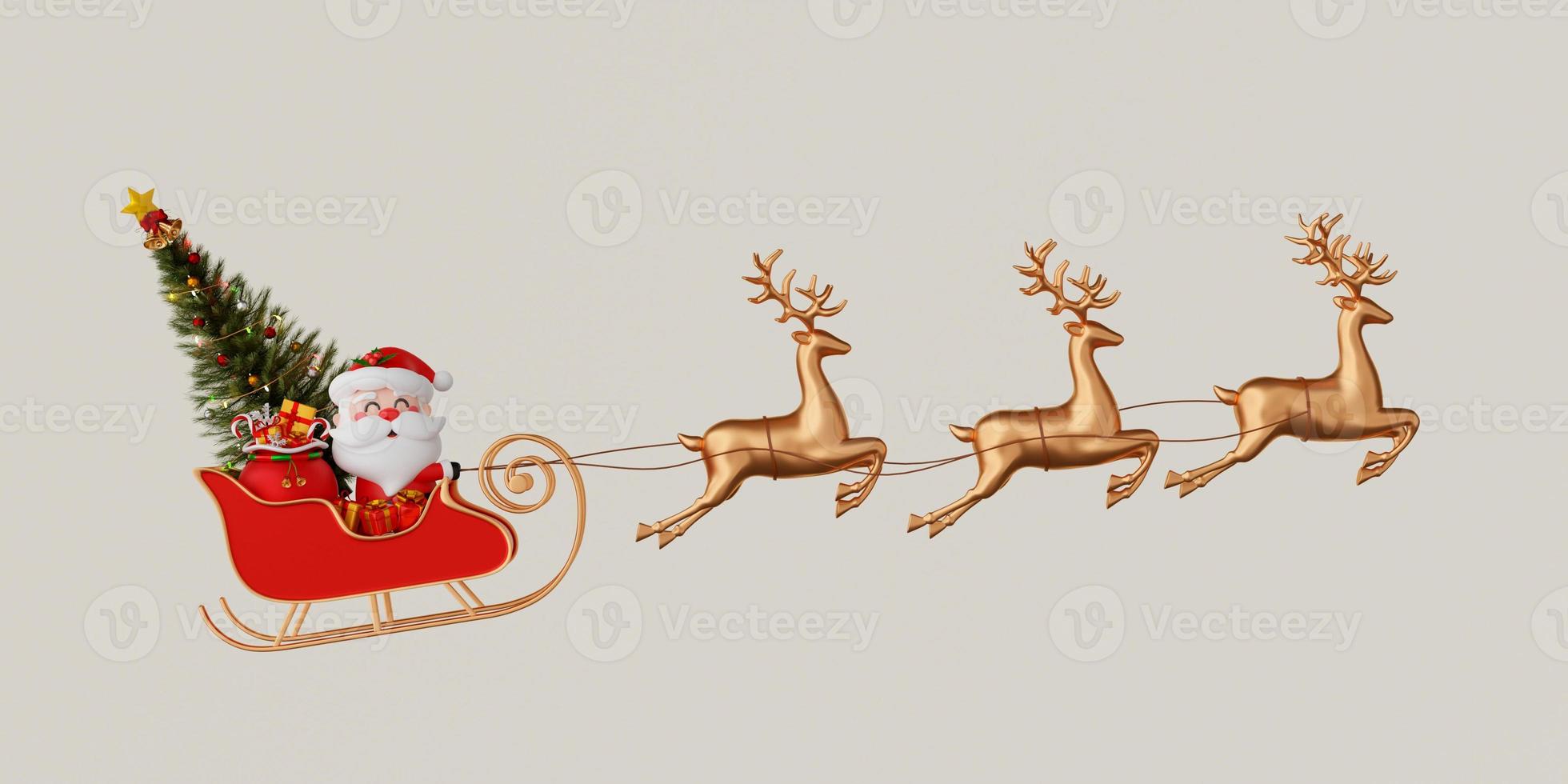 3d illustration of Santa Claus riding on sleigh with gift bag photo