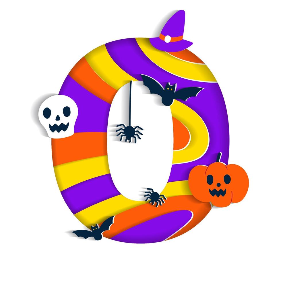 Happy Halloween 0 Zero Numeral Numeric Party Font Character Cartoon Spooky Horror with colorful 3D Layer Paper Cutout Type design celebration vector Illustration Skull Pumpkin Bat Witch Hat Spider Web