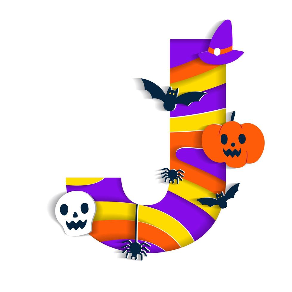 Happy Halloween J Alphabet Party Font Typography Character Cartoon Spooky Horror with colorful 3D Layer Paper Cutout Type design celebration vector Illustration Skull Pumpkin Bat Witch Hat Spider Web