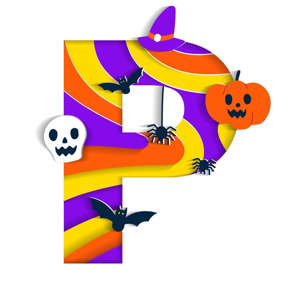 Happy Halloween P Alphabet Party Font Typography Character Cartoon Spooky Horror with colorful 3D Layer Paper Cutout Type design celebration vector Illustration Skull Pumpkin Bat Witch Hat Spider Web