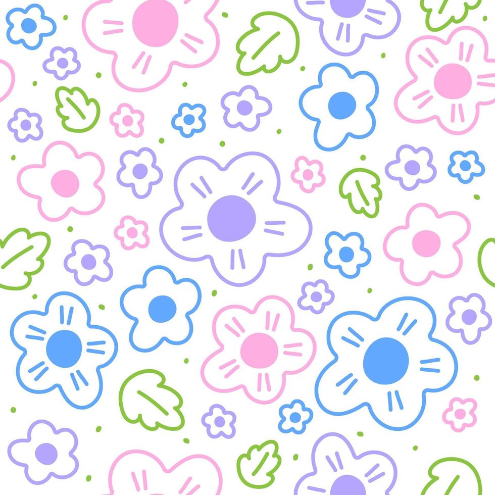 Cute Beautiful Ditsy Daisy Flowers Colorful Pastel Pink Blue Purple Flora Leaf Outline Illustration Vector Seamless Pattern Texture Textile Fabric Print Background paper, fabric, interior decor