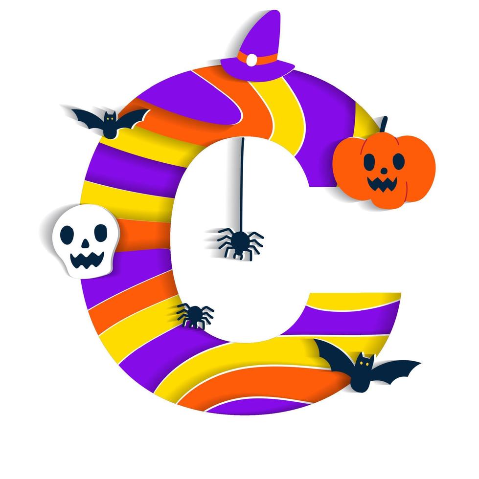 Happy Halloween C Alphabet Party Font Typography Character Cartoon Spooky Horror with colorful 3D Layer Paper Cutout Type design celebration vector Illustration Skull Pumpkin Bat Witch Hat Spider Web