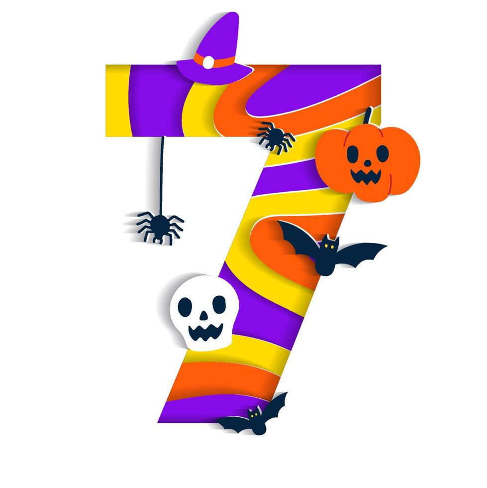 feliz halloween 7 siete numeral numérico fiestas fuente carácteres dibujos animados escalofriante horror variopinto 3d capa papel recortables teclear diseño festividad vector ilustración calavera calabaza murciélago bruja sombrero telaraña