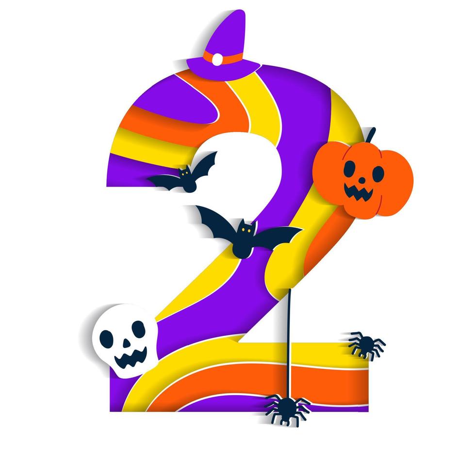 Happy Halloween 2 Two Numeral Numeric Party Font Character Cartoon Spooky Horror with colorful 3D Layer Paper Cutout Type design celebration vector Illustration Skull Pumpkin Bat Witch Hat Spider Web