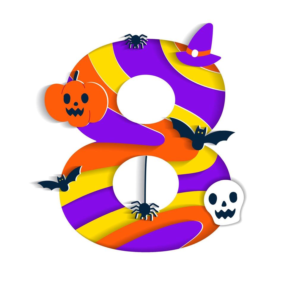 Happy Halloween 8 Eight Numeral Numeric Party Font Character Cartoon Spooky Horror colorful 3D Layer Paper Cutout Type design celebration vector Illustration Skull Pumpkin Bat Witch Hat Spider Web