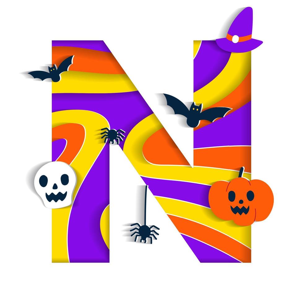 Happy Halloween N Alphabet Party Font Typography Character Cartoon Spooky Horror with colorful 3D Layer Paper Cutout Type design celebration vector Illustration Skull Pumpkin Bat Witch Hat Spider Web