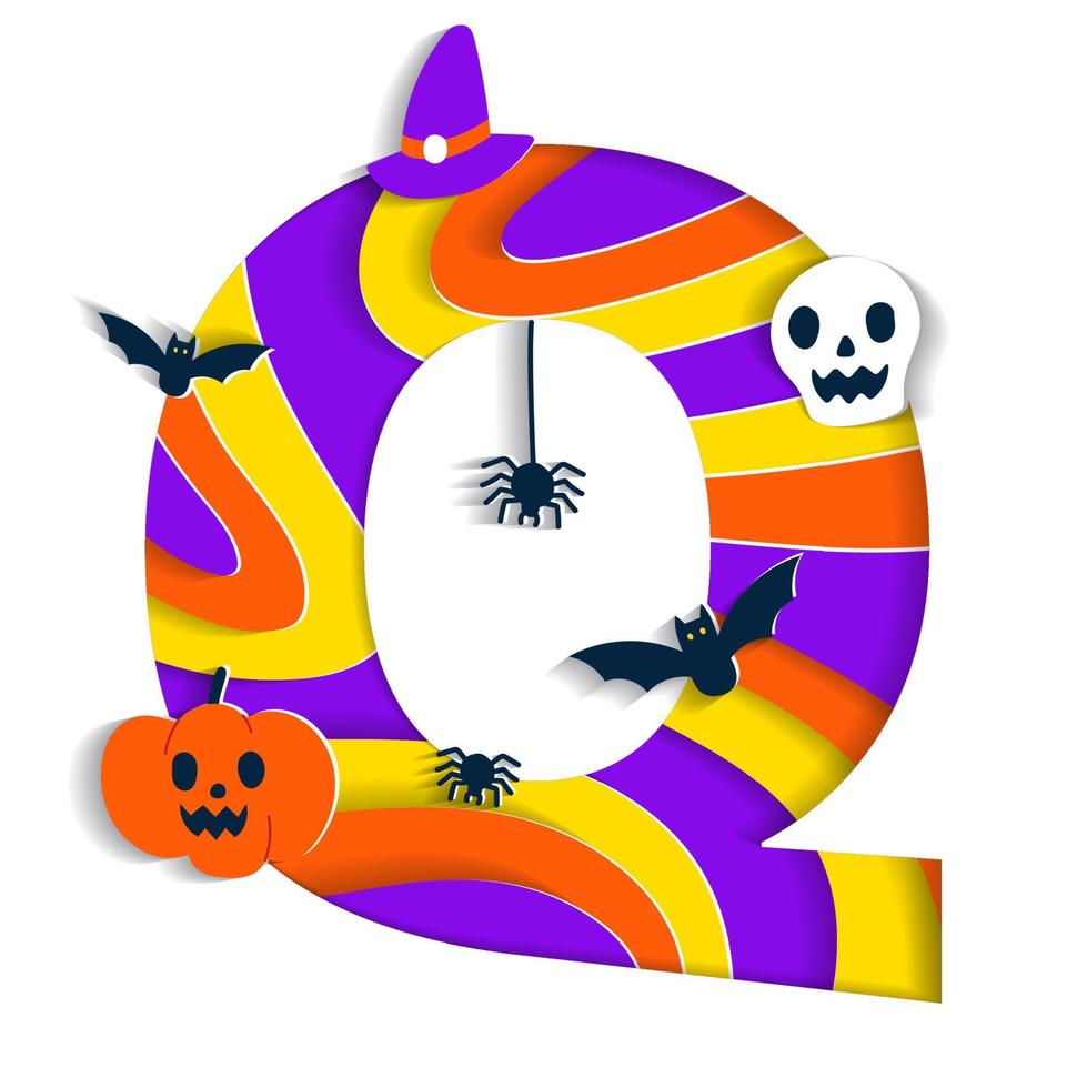 Happy Halloween Q Alphabet Party Font Typography Character Cartoon Spooky Horror with colorful 3D Layer Paper Cutout Type design celebration vector Illustration Skull Pumpkin Bat Witch Hat Spider Web