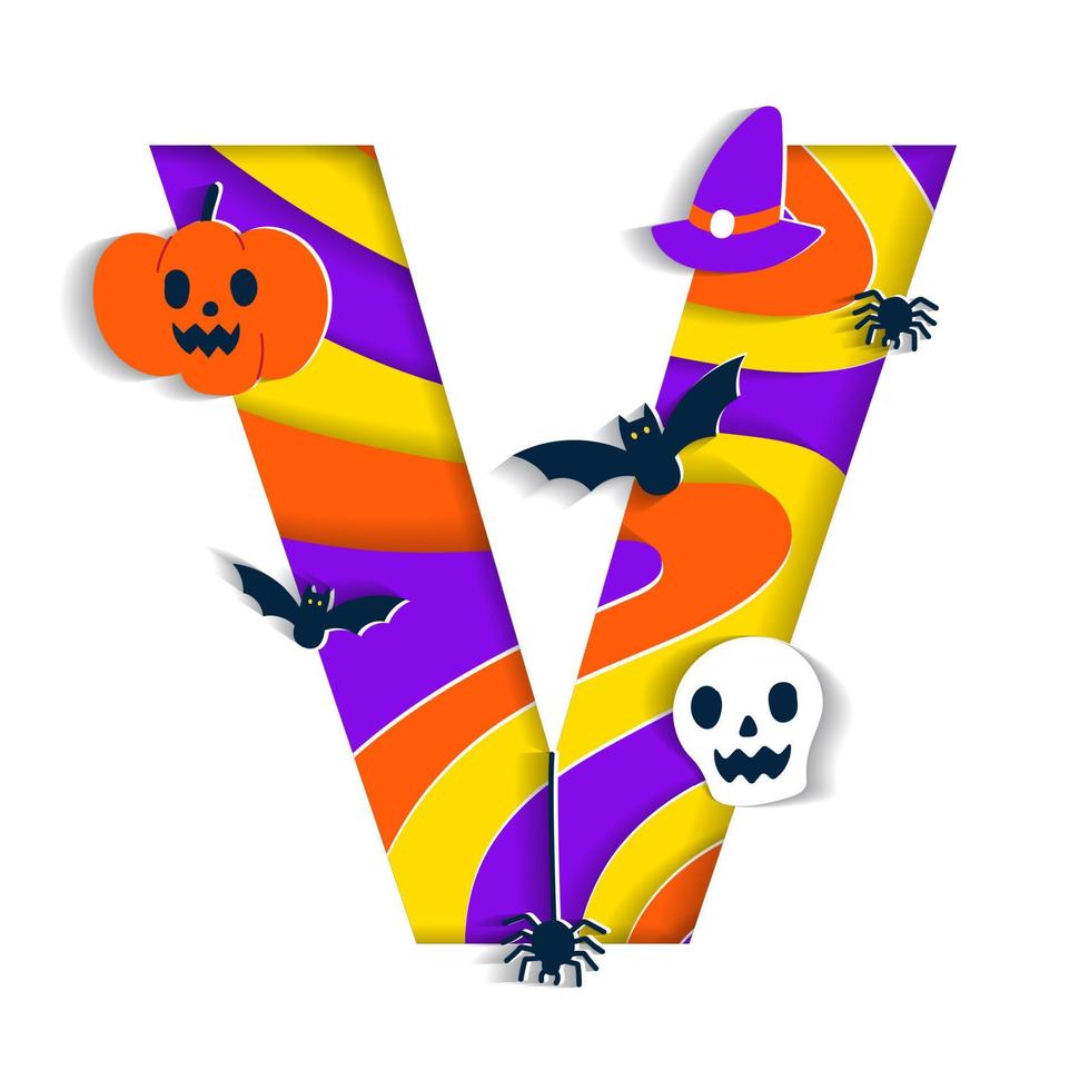 Happy Halloween V Alphabet Party Font Typography Character Cartoon Spooky Horror with colorful 3D Layer Paper Cutout Type design celebration vector Illustration Skull Pumpkin Bat Witch Hat Spider Web