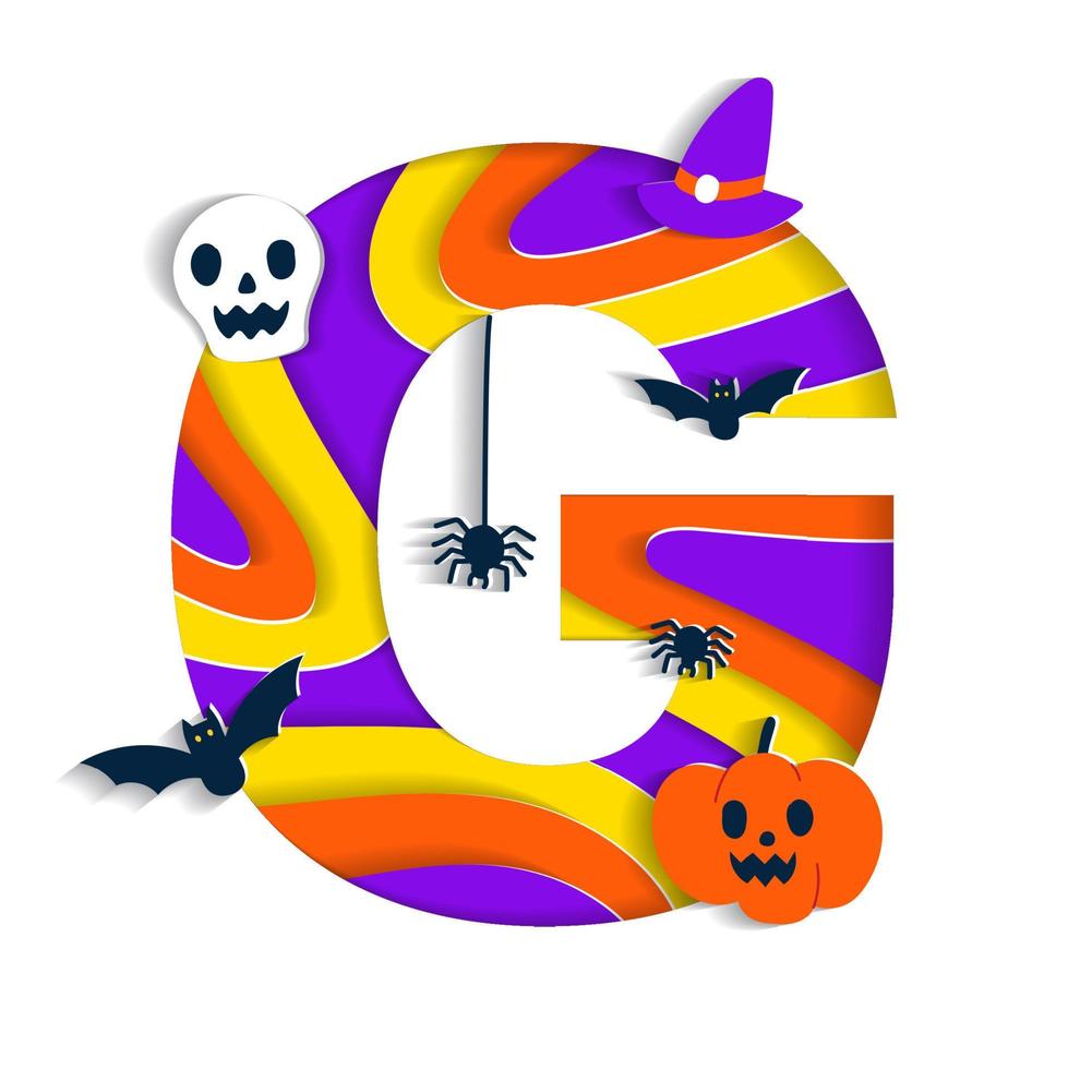 Happy Halloween G Alphabet Party Font Typography Character Cartoon Spooky Horror with colorful 3D Layer Paper Cutout Type design celebration vector Illustration Skull Pumpkin Bat Witch Hat Spider Web