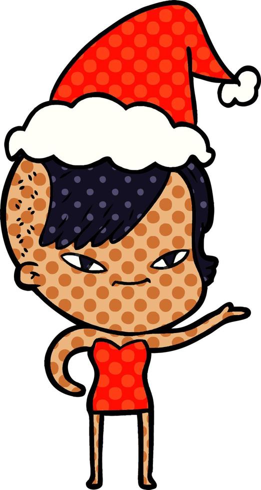 cute comic book style illustration of a girl with hipster haircut wearing santa hat vector