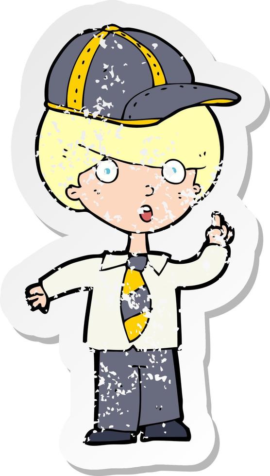 retro distressed sticker of a cartoon school boy vector