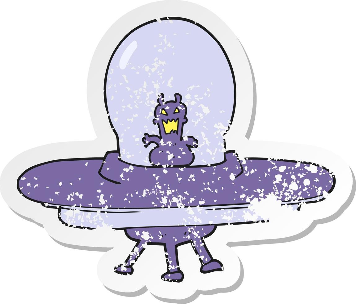 retro distressed sticker of a cartoon alien spaceship vector