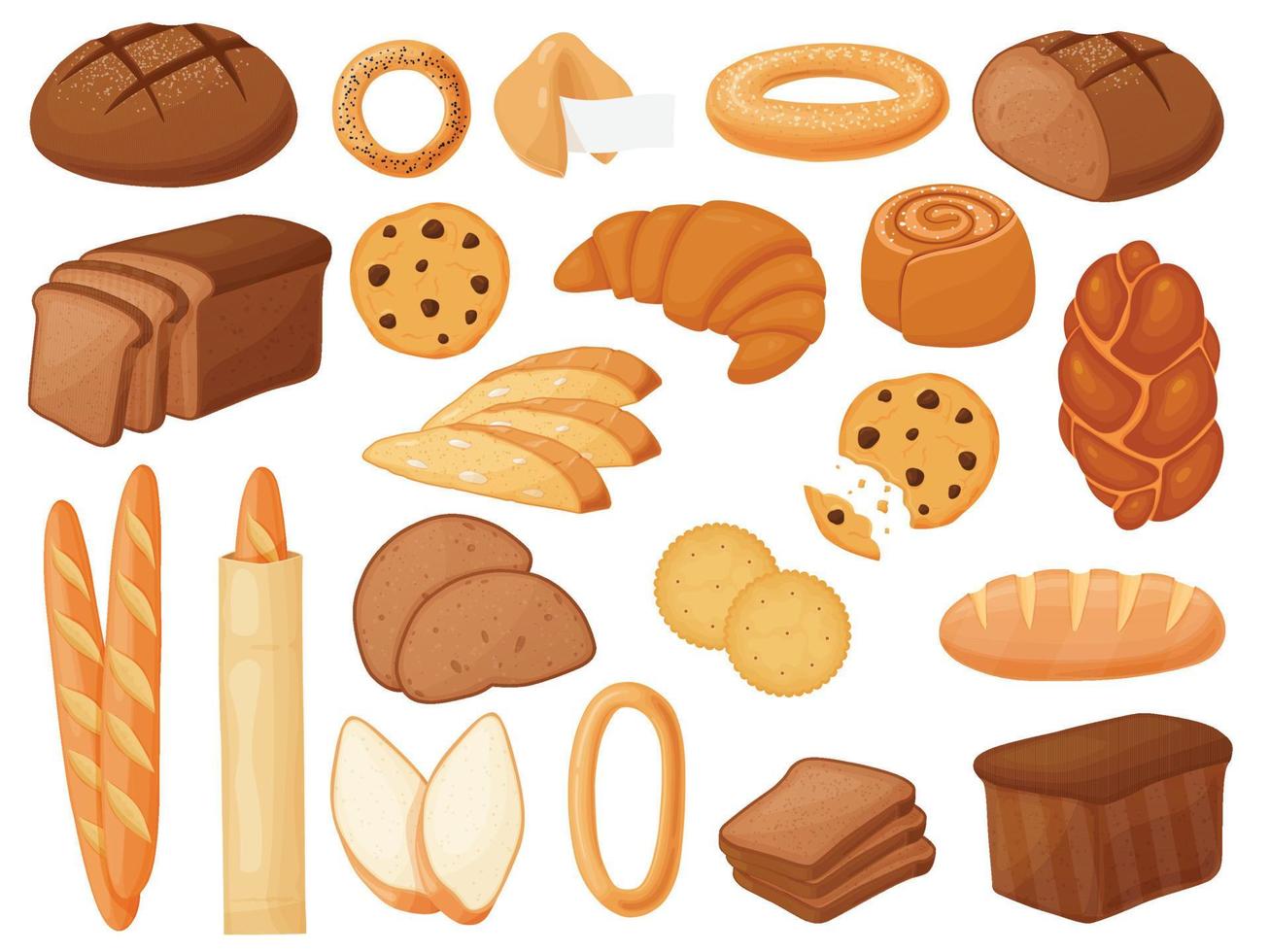 conjunto de pan vectorial. pan, galletas, jalá, croissant, bagel, baguette francesa, cantucci. ilustraciones para panadería de menú de diseño. pan de dibujos animados. vector