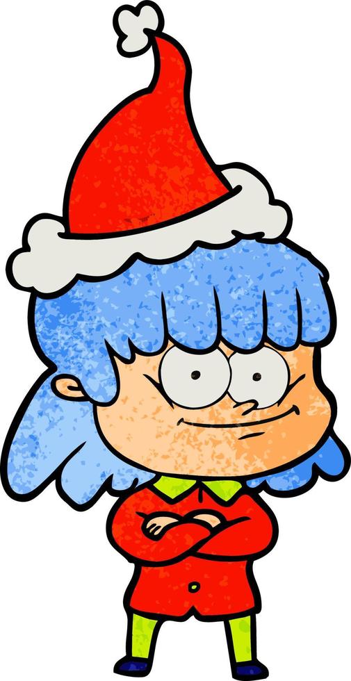 textured cartoon of a smiling woman wearing santa hat vector