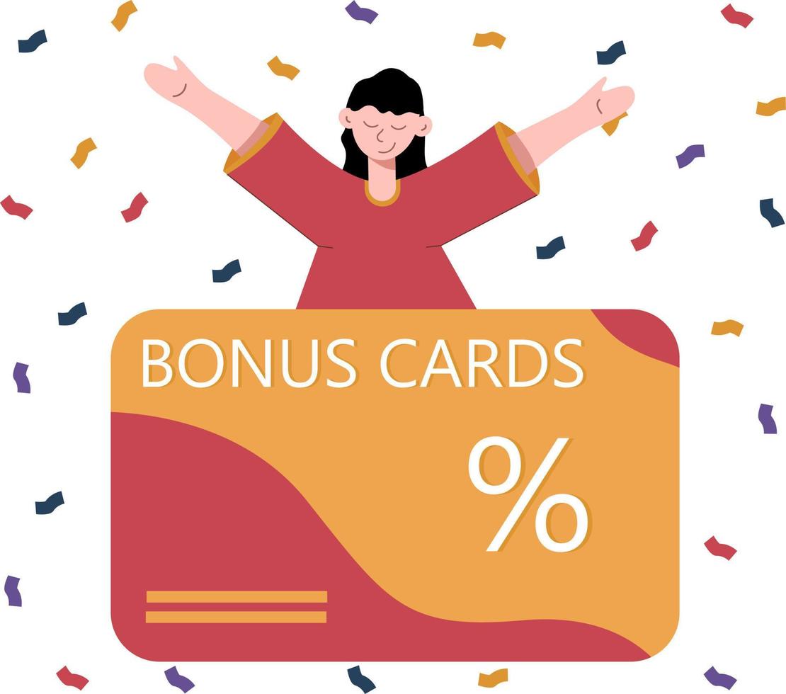 Bonus card. The girl joyfully raises her hands up vector