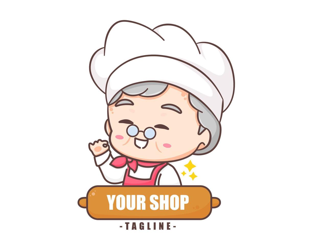 Cute grandmother chef cartoon. Grandma cooking logo vector art. People Food Icon Concept. restaurant and homemade culinary logo