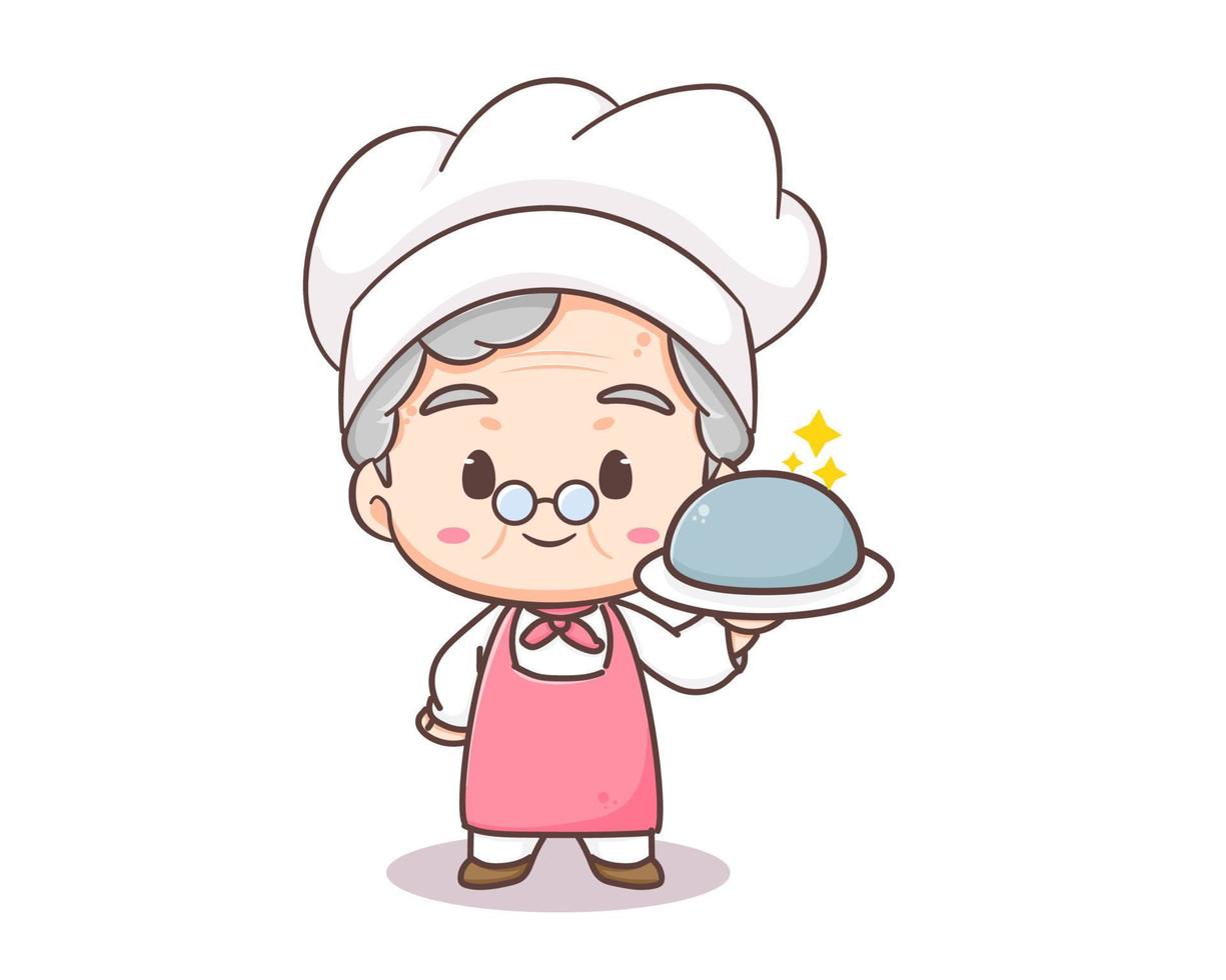 Cute grandmother chef cartoon. Grandma cooking logo vector art. People Food Icon Concept. restaurant and homemade culinary logo