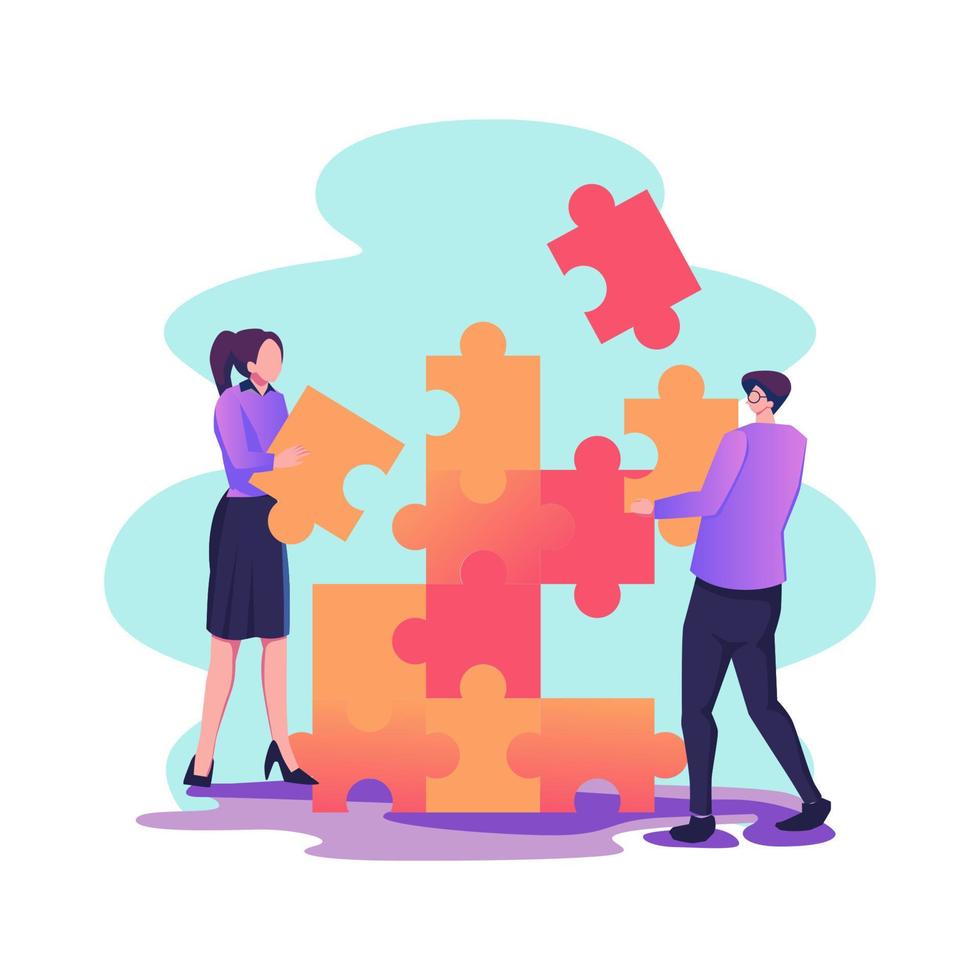 Business concept team metaphor people connecting puzzle elements vector