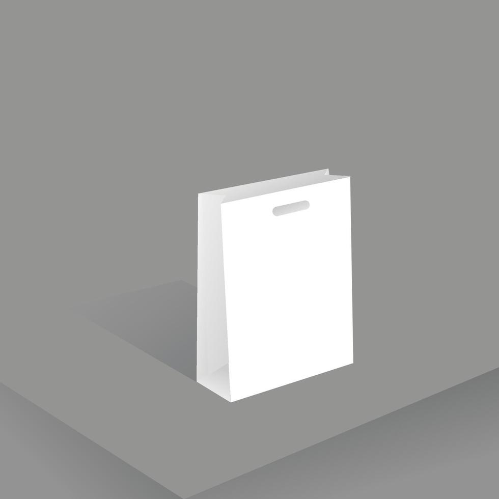 bolsa de papel ecológico blanco en blanco con un espacio para su logotipo en fondo gris. Bosquejo. vector