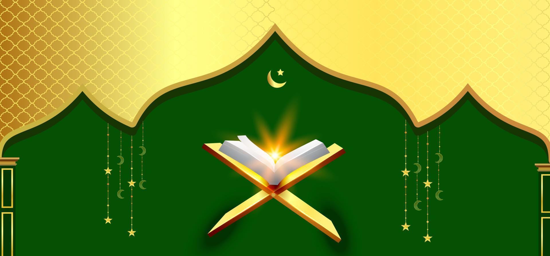 elegante estandarte islámico con fondo verde y sagrado corán vector
