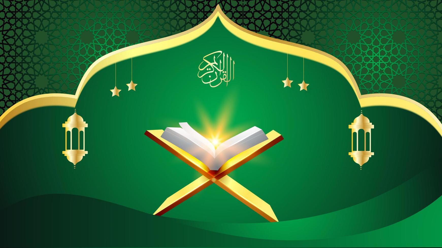 bandera islámica con fondo verde y sagrado corán vector
