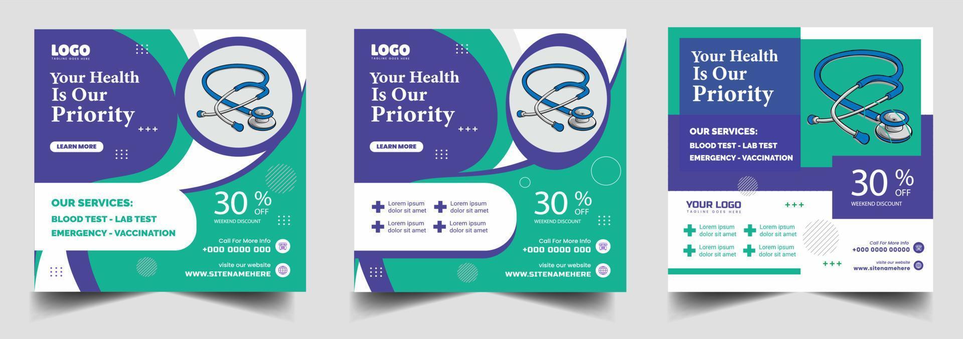 Professional medical healthcare service social media post template design. Clinic or hospital digital marketing flyer for web. Creative health business promotion banner vector