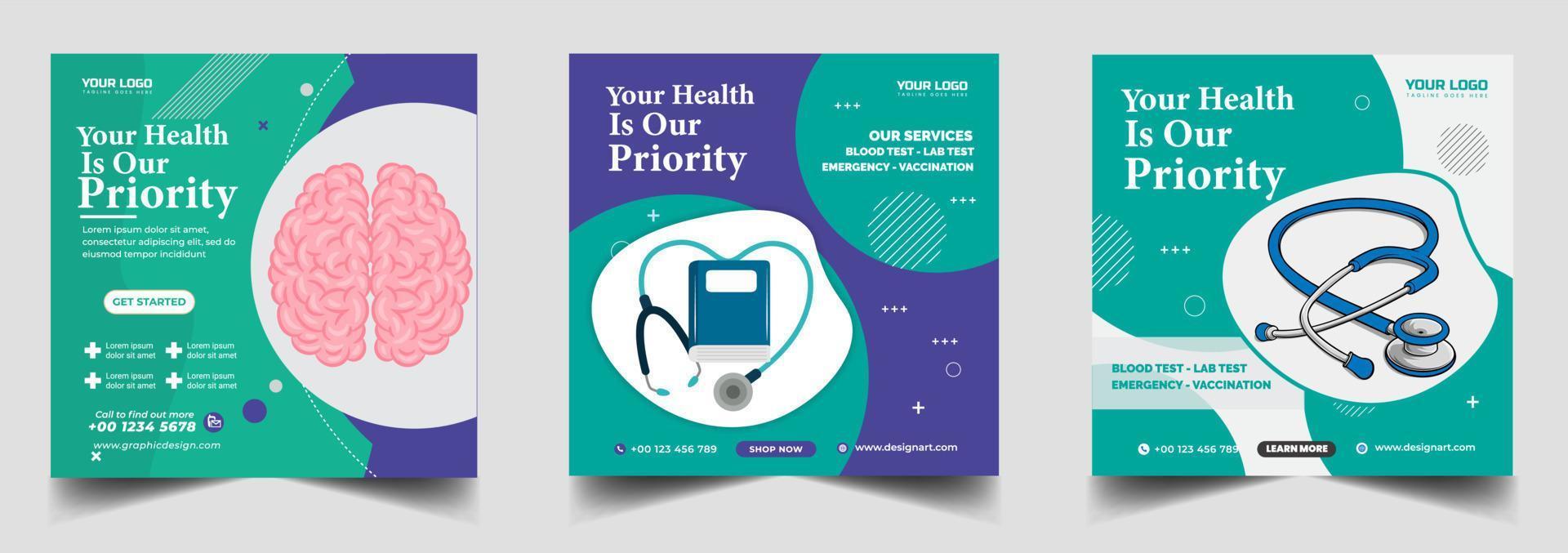 Health clinic social media post template design vector