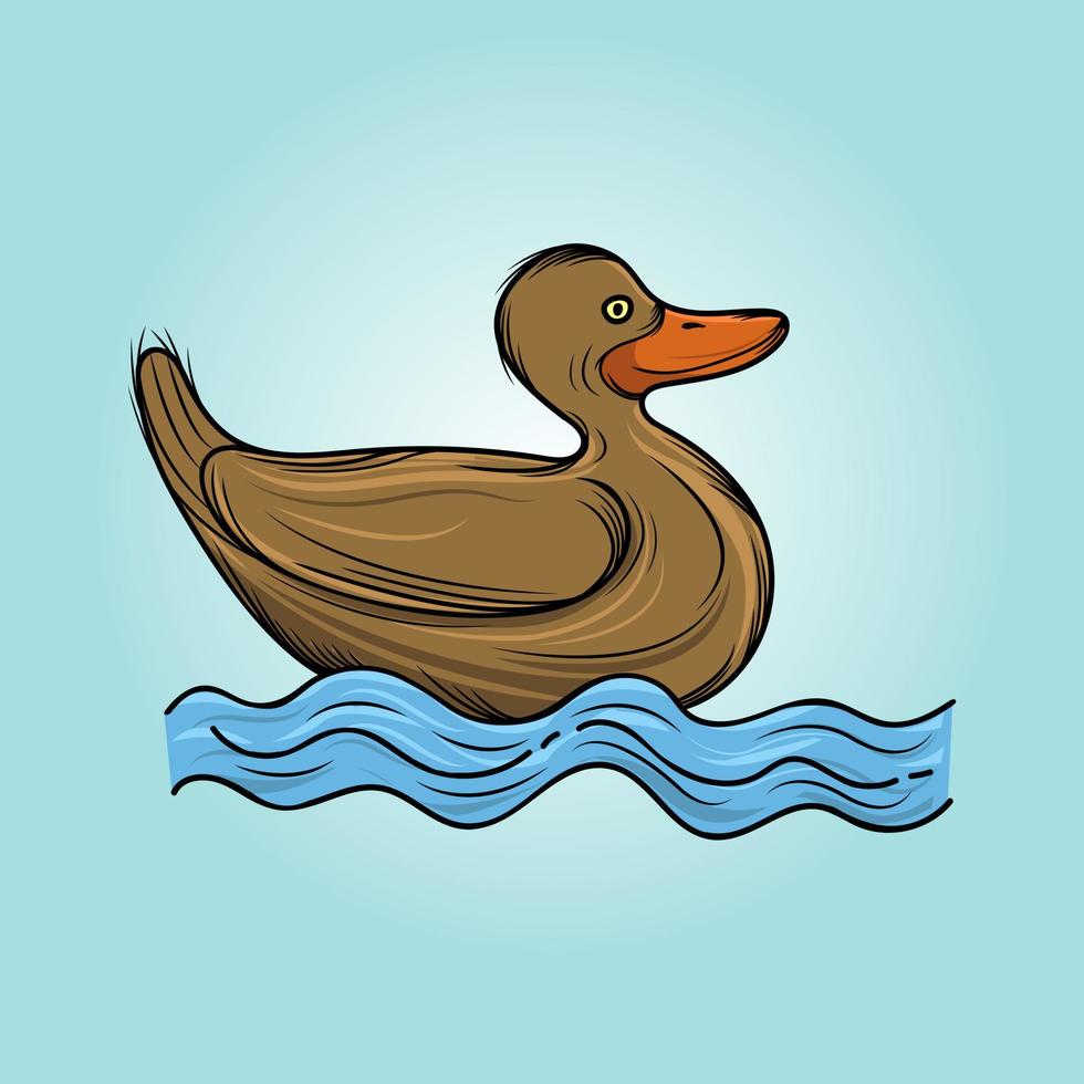 Hand drawn vector illustration of brown duck swimming in the water