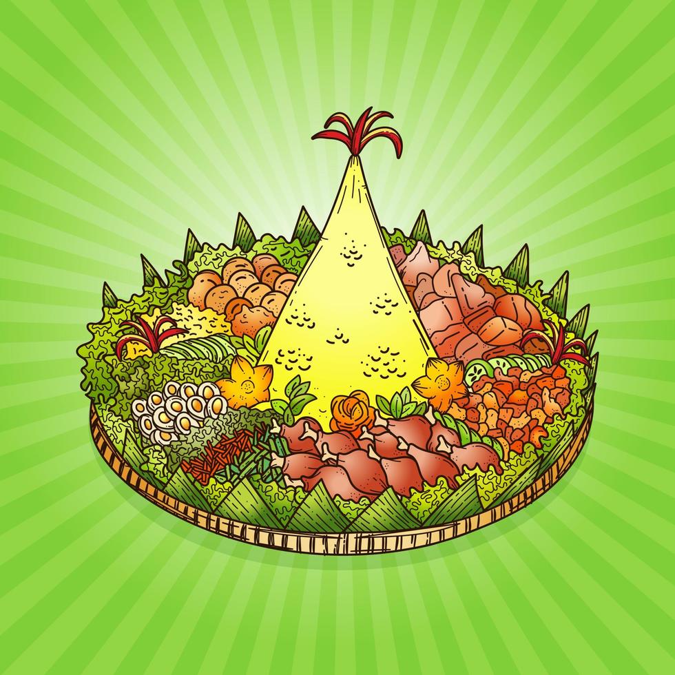 Hand drawn vector illustration of Indonesian cone-shaped rice dish with side dishes of vegetables and meat originating from Javanese cuisine of Indonesia.