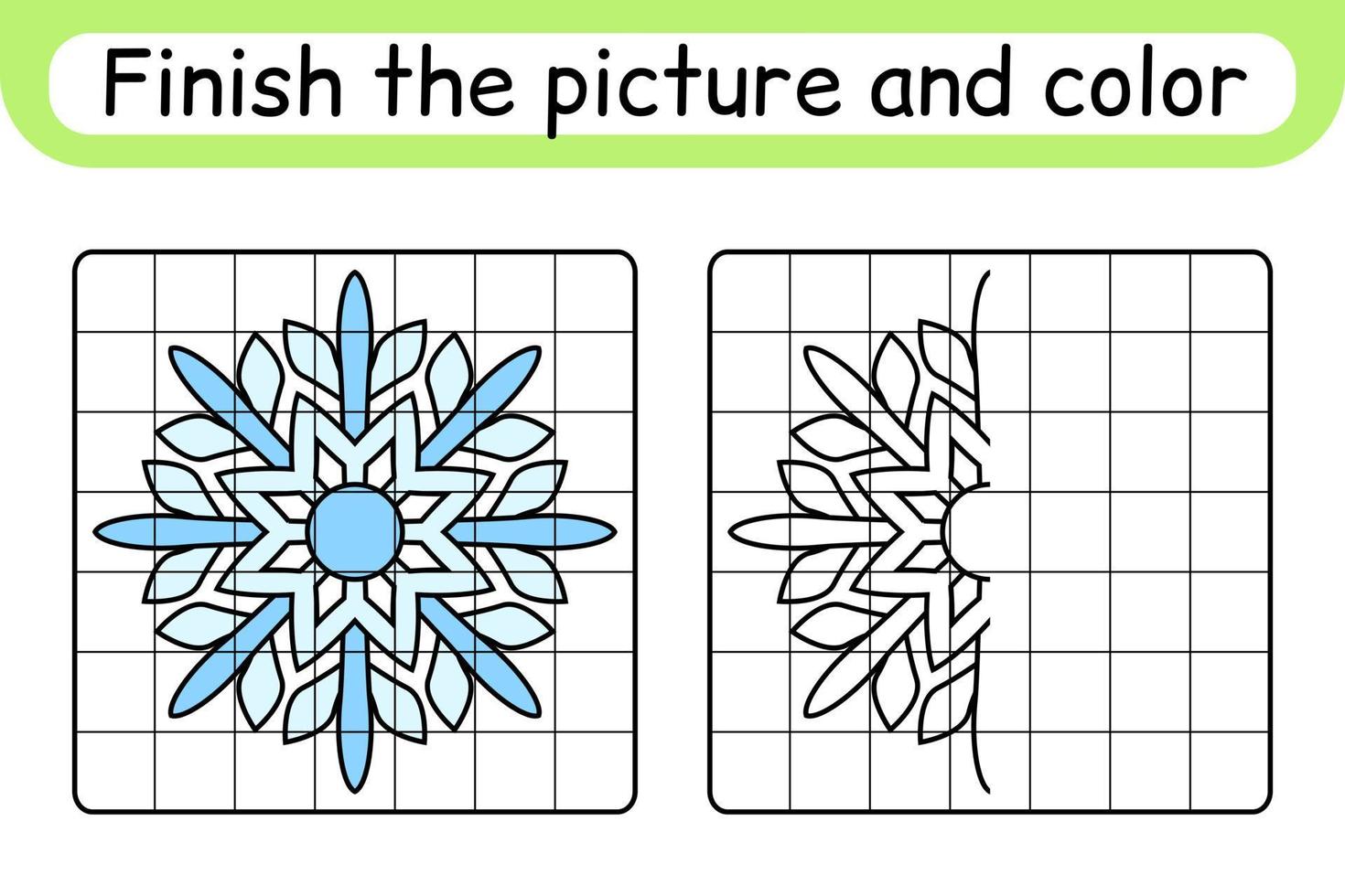 Complete the picture snowflake. Copy the picture and color. Finish the image. Coloring book. Educational drawing exercise game for children vector