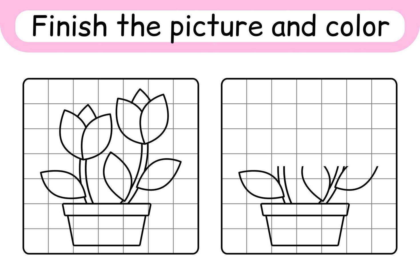 Complete the picture flower tulip. Copy the picture and color. Finish the image. Coloring book. Educational drawing exercise game for children vector