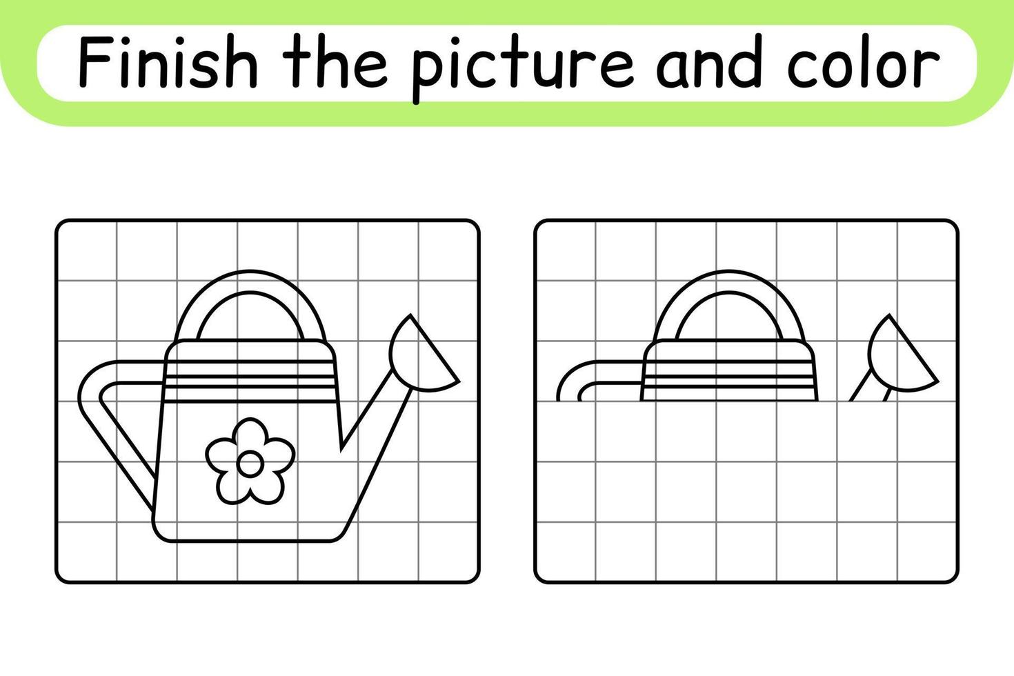 Complete the picture watering can. Copy the picture and color. Finish the image. Coloring book. Educational drawing exercise game for children vector