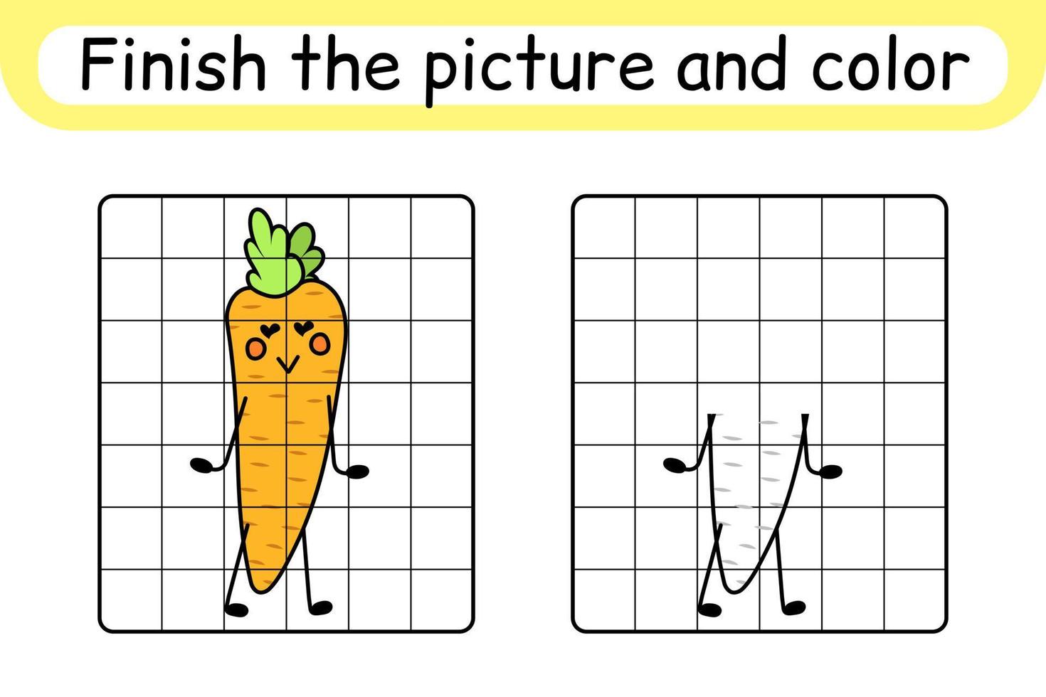 Complete the picture carrot. Copy the picture and color. Finish the image. Coloring book. Educational drawing exercise game for children vector