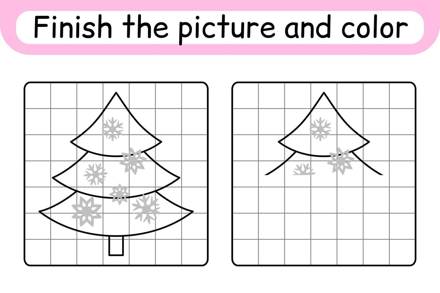 Complete the picture christmas tree. Copy the picture and color. Finish the image. Coloring book. Educational drawing exercise game for children vector