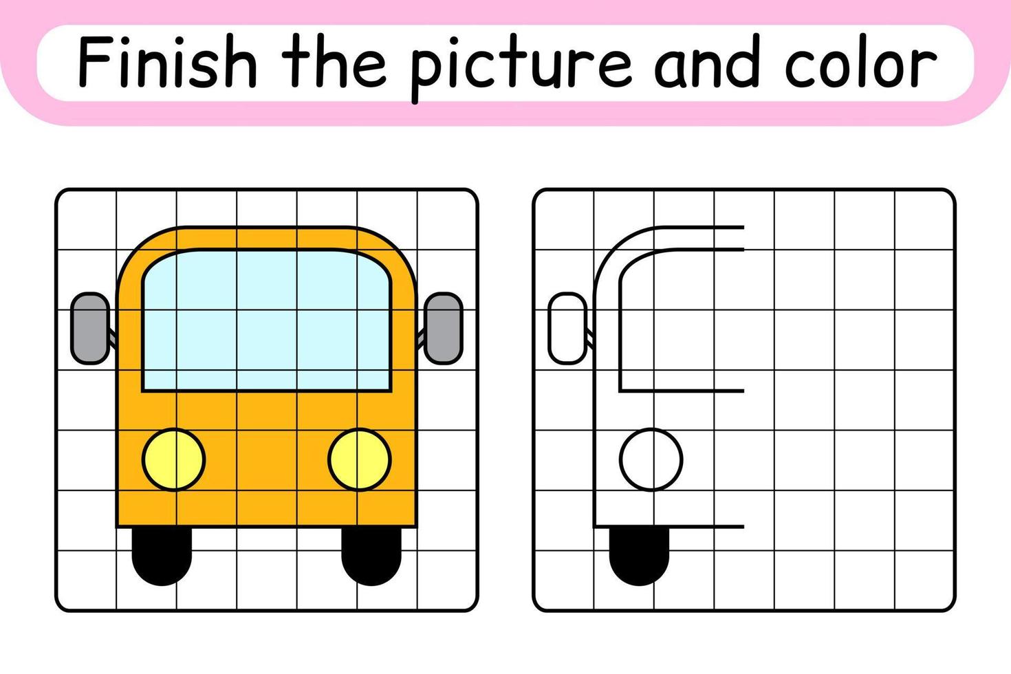 completar el autobús de la imagen. copiar la imagen y el color. terminar la imagen. libro de colorear. juego educativo de ejercicios de dibujo para niños vector